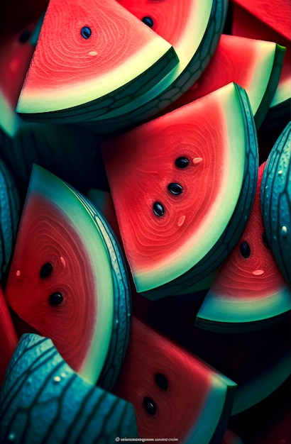 Foto pilha de melancia fatiada fresca como plano de fundo texturizado gerado