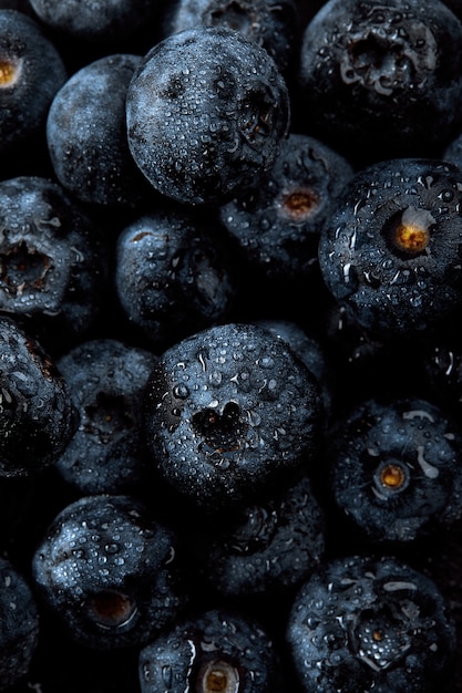 Pilha de mirtilos antioxidantes naturais frescos, macro detalhada close-up.