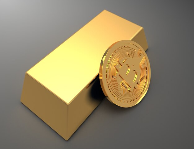 Pilha de moedas bitcoins e ethereum em torno do lingote de ouro (barra de ouro). ilustração renderizada 3d