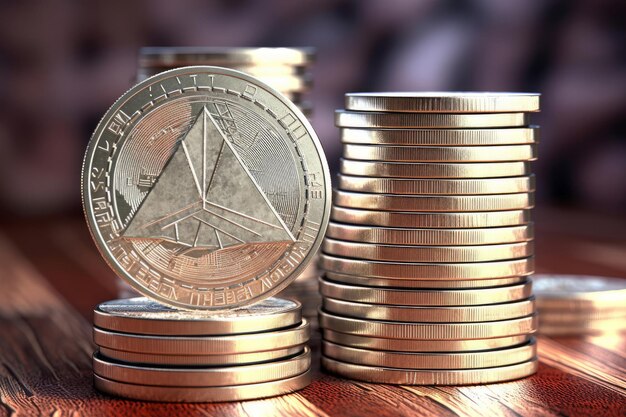 Foto pilha de moedas de ethereum em notas de dólar