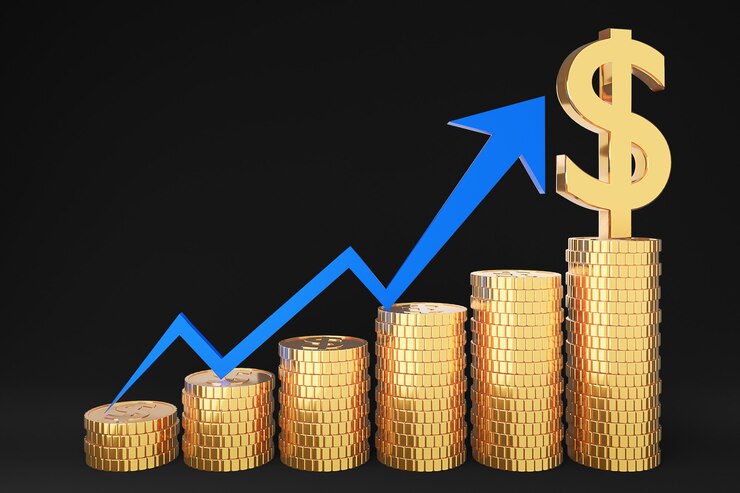 Pilha de moedas de ouro e gráfico de finanças em fundo preto