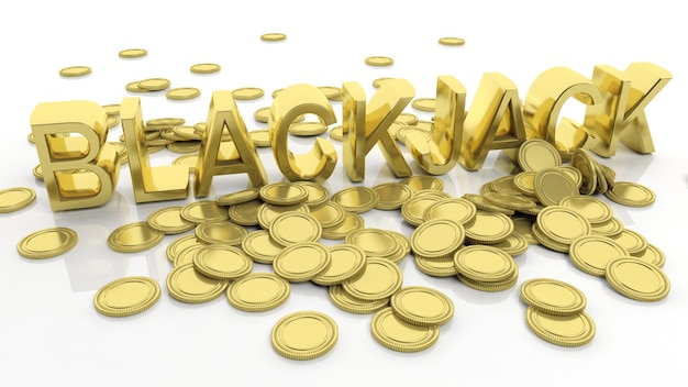 Pilha de moedas de ouro e palavra Blackjack isolada no fundo branco