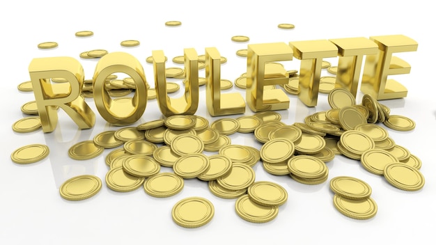 Pilha de moedas de ouro e palavra Roleta isolada no fundo branco