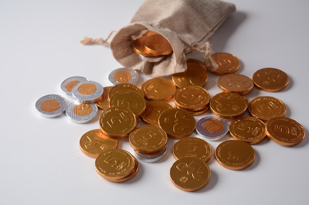 Pilha de moedas de shekel de chocolate como um conceito para finanças