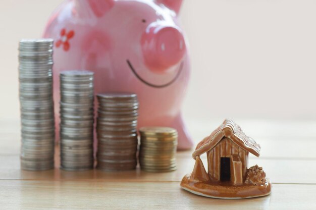 Foto pilha de moedas e conceito de casa em conta de finanças de casa comprar e vender casa em mesa de madeira