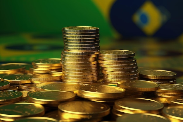 Foto pilha de moedas fundo da bandeira brasileira generative ai