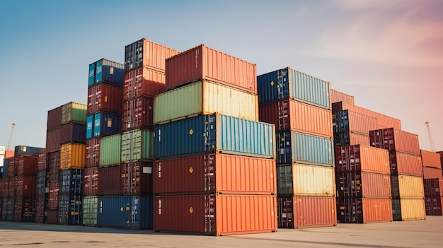 Pilha de navios de carga de contêineres no transporte global internacional do porto portuário Generative AI
