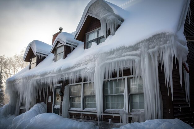 Foto pilha de neve com gelo pendurado no telhado e janelas criadas com generative ai