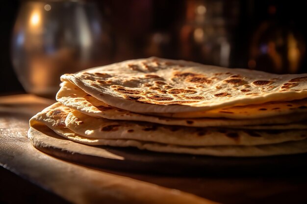 Pilha de pães achatados sobre uma mesa