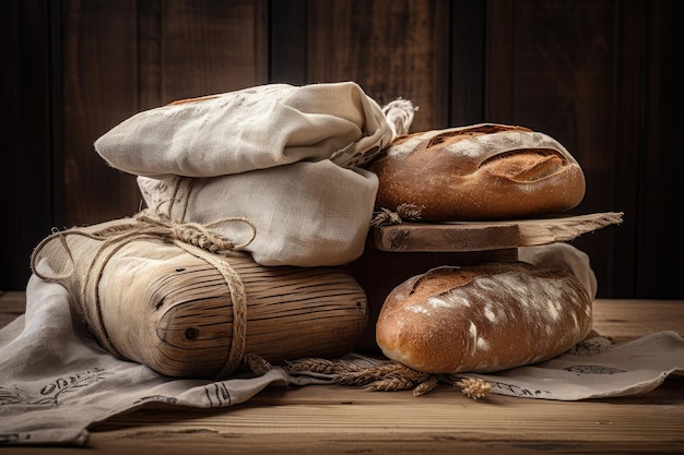 Foto pilha de pães artesanais rústicos em mesa de madeira coberta de toalha de mesa criada com ai generativo