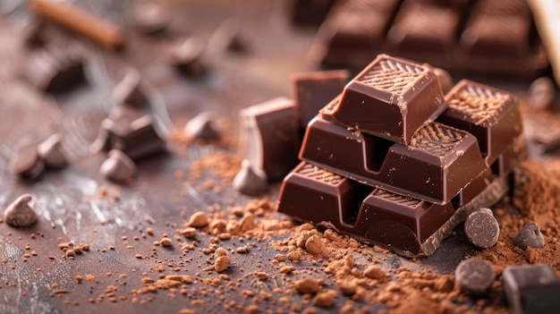 pilha de pedaços de chocolate escuro em superfície rústica