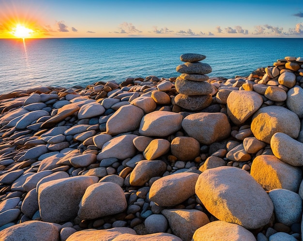 pilha de pedras belo pôr do sol sobre o mar