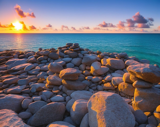 Pilha de pedras belo pôr do sol sobre o mar