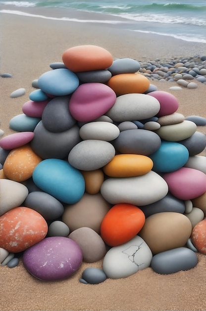 Pilha de pedras multicoloridas em um papel de parede de design de fundo de praia natural gerado por IA