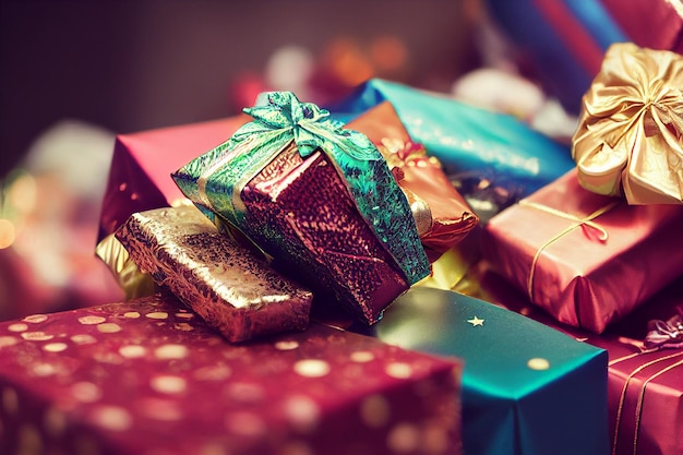 Pilha de presentes de natal lindamente embrulhados Presentes coloridos festivos para membros da família, parceiros e amigos Decoração de interiores para casa festiva Faça alguém feliz e amado