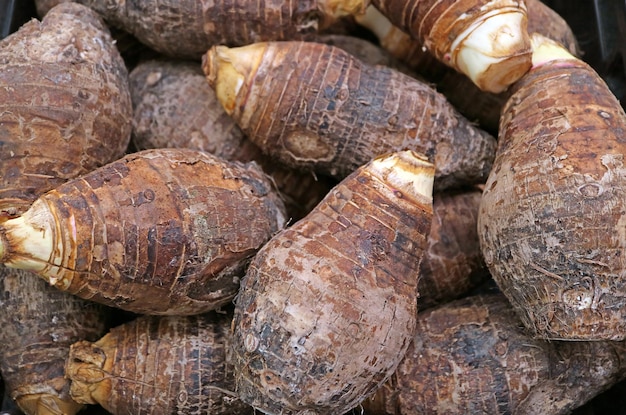 Pilha de raízes de Taro cruas em uma barraca do mercado