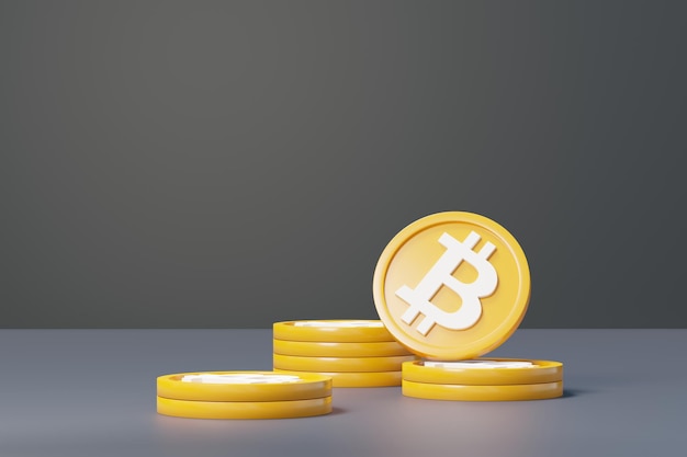 Pilha de renderização 3D de criptomoeda Bitcoin. Conceito de moeda digital de criptomoeda. Nova troca de dinheiro virtual em blockchain.