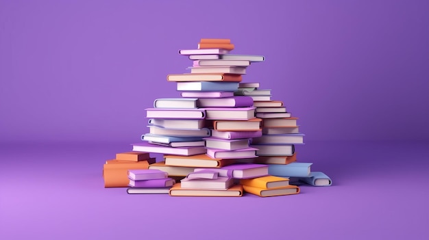 Pilha de renderização 3D de livros e papel em fundo roxo Generative AI