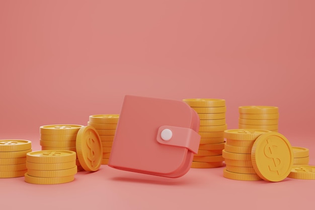 pilha de renderização 3D de moedas de ouro com carteira de dinheiro vermelho no meio sobre fundo vermelho