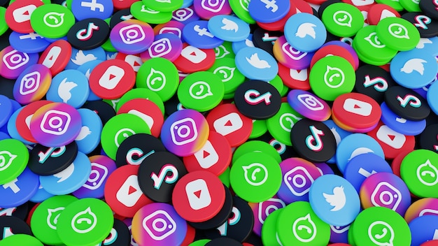 Pilha de renderização de ilustração 3D de fundo de ícone de mídia social