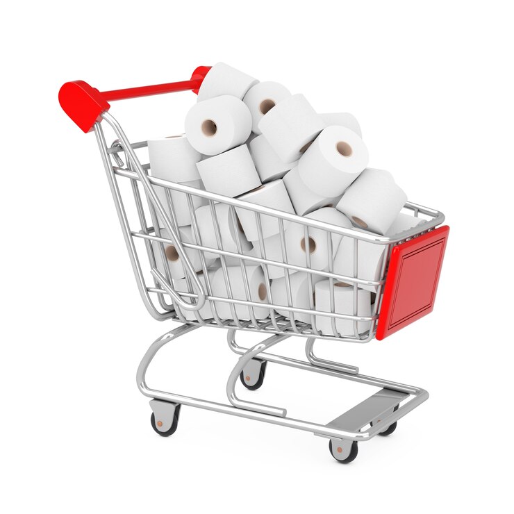 Foto pilha de rolos de papel higiênico no carrinho de compras em um fundo branco. renderização 3d