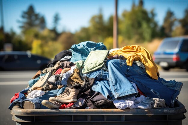 Pilha de roupas desgastadas em lixo à beira da estrada Despejo de roupas Resíduos de roupas Poluição Roupas sustentáveis Compras Moda rápida Impacto Despejo responsável de roupas