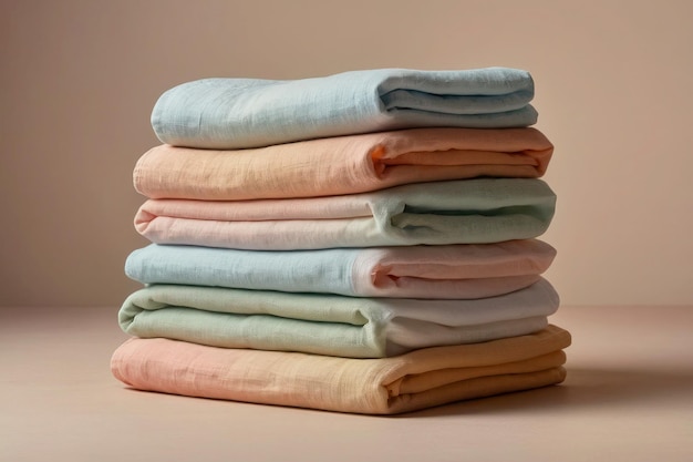 pilha de roupas ligeiras recém-lavadas feitas de tecidos naturais em um fundo claro de cores pastel