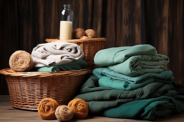 Pilha de roupas limpas e cesta de vime com fotografia publicitária profissional de roupa limpa