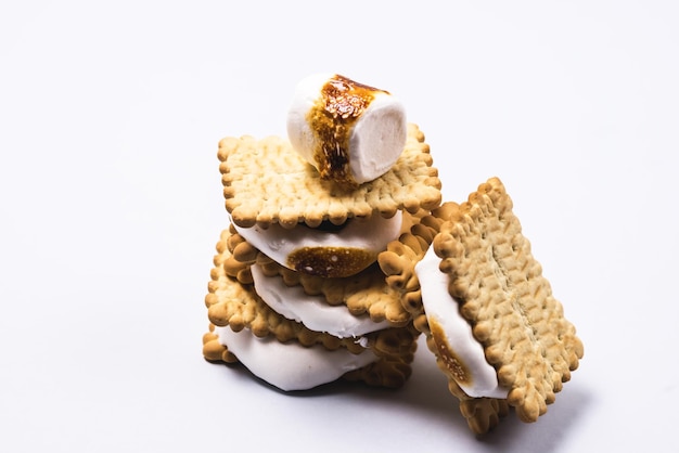 Pilha de Smores recém-torrados com espaço de cópia horizontal de marshmallow e chocolate