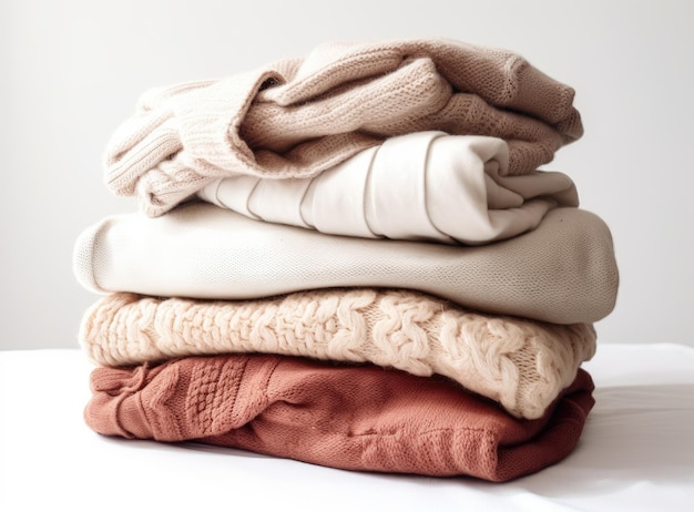Pilha de suéteres femininos de malha quentes e aconchegantes Roupas aconchegantes de outono ou inverno Fundo