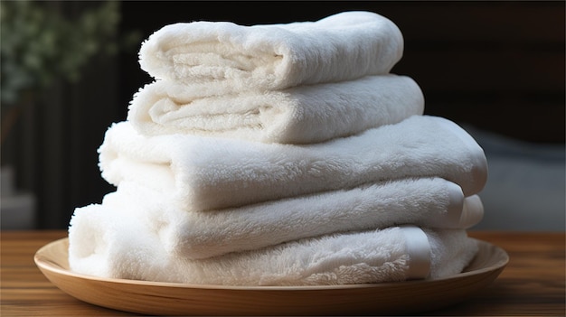 pilha de toalhas brancas em uma placa de madeira