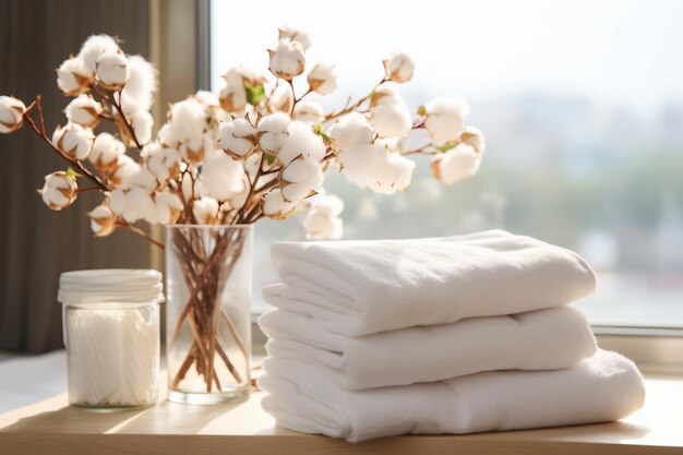 pilha de toalhas brancas limpas e flores de algodão na mesa no banheiro