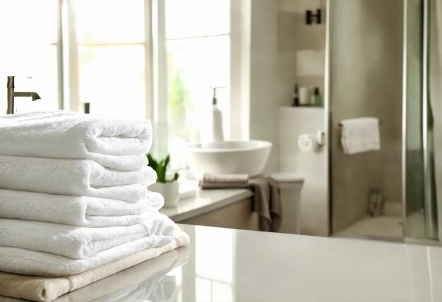 pilha de toalhas limpas na mesa no banheiro