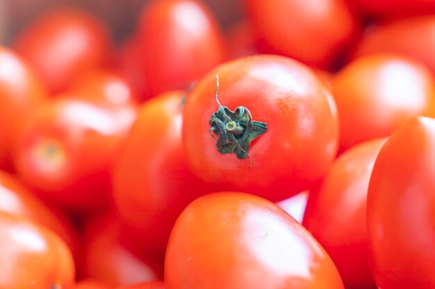 Pilha de tomates frescos no mercado de agricultores