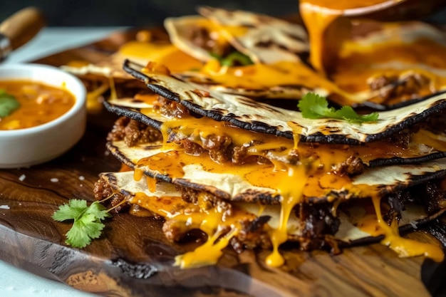 Pilha de tortilhas de carne mexicanas servidas com molho de prato mexicano saboroso imagem