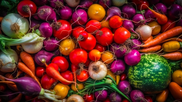 Pilha de vegetais variados, incluindo tomate, cebola, brócolis e rabanete Generative AI