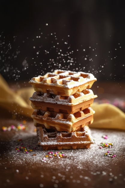 pilha de waffles quadrados com açúcar em pó e salpicaduras
