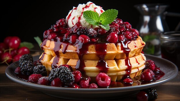 Pilha de waffles rústicos com molho caseiro de frutas vermelhas