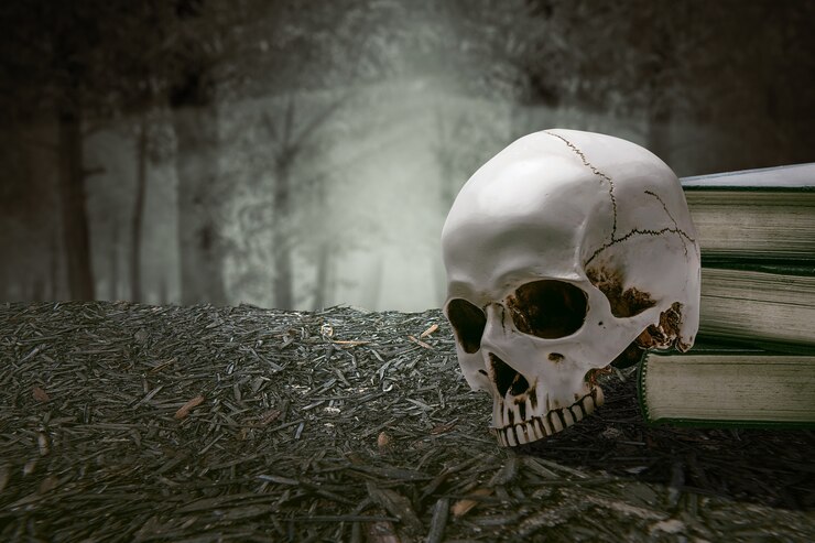 Foto pilha do livro com um crânio humano no chão com fundo de floresta assombrada. conceito de halloween