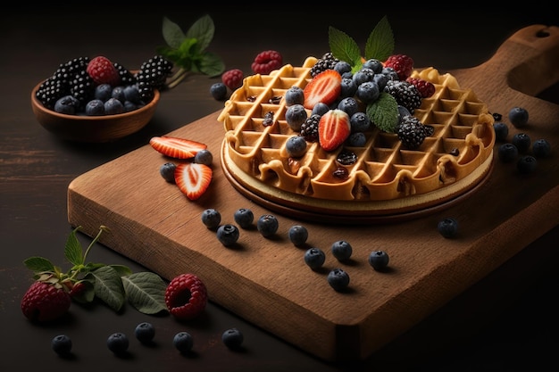Pilha recém-assada de waffles belgas com bagas na geração de IA de tábua de corte de madeira
