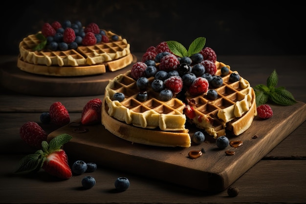 Pilha recém-assada de waffles belgas com bagas na geração de IA de tábua de corte de madeira