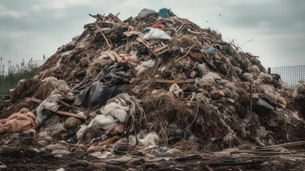 Pilha transbordante de resíduos, poluição ambiental e conceito de reciclagem