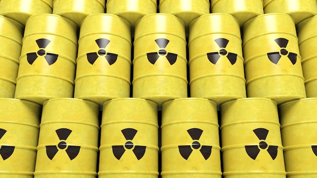 Pilhas de barris amarelos para resíduos radioativos de risco biológico