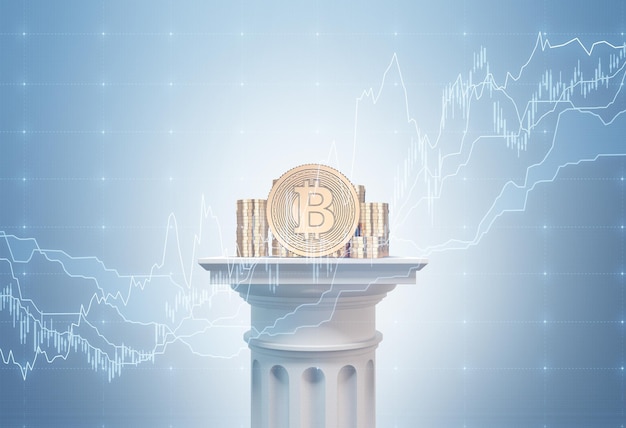 Pilhas de bitcoin de ouro em pé sobre uma coluna branca contra um fundo azul com gráficos. Conceito de mineração. renderização 3d exposição dupla de imagem tonificada