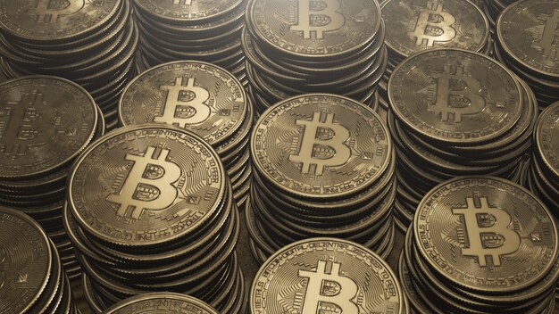 Pilhas de bitcoins dourados