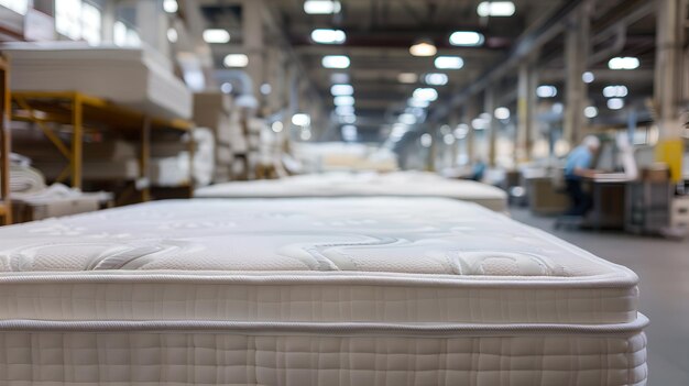 Pilhas de colchões em uma fábrica prontas para distribuição Armazém industrial Interior com foco em produtos de cama Fabricação de fundos mostrando design industrial AI