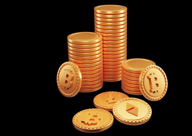 Pilhas de criptomoedas bitcoins. ilustração 3d render