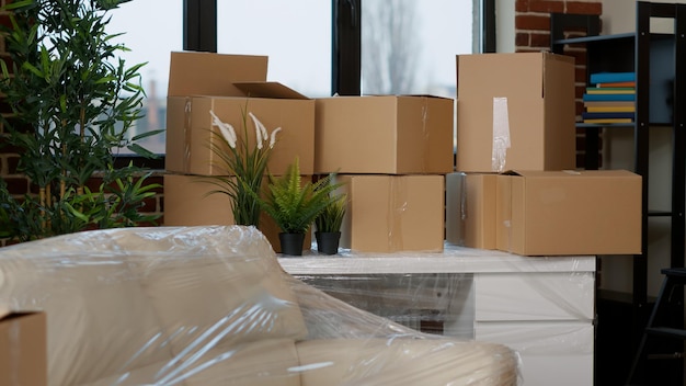 Pilhas de embalagens de papelão em movimento na mesa com plantas e decoração em apartamento vazio doméstico. Não há pessoas em apartamento imobiliário com caixas de papelão e armazenamento de móveis.