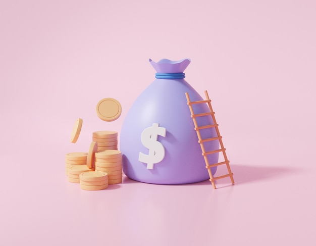 Pilhas de estilo de desenho animado de dinheiro Moedas de saco de escada crescem Investimento empresarial Conceito de economia de finanças de custo em fundo rosa pastel ilustração de renderização 3D