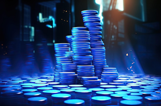 Pilhas de fichas de casino azuis numa sala escura Renderização 3D